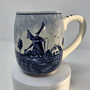 Delft Blauw Coffee Cup Holland Hand Painted Windmill Floral Mug White 12oz